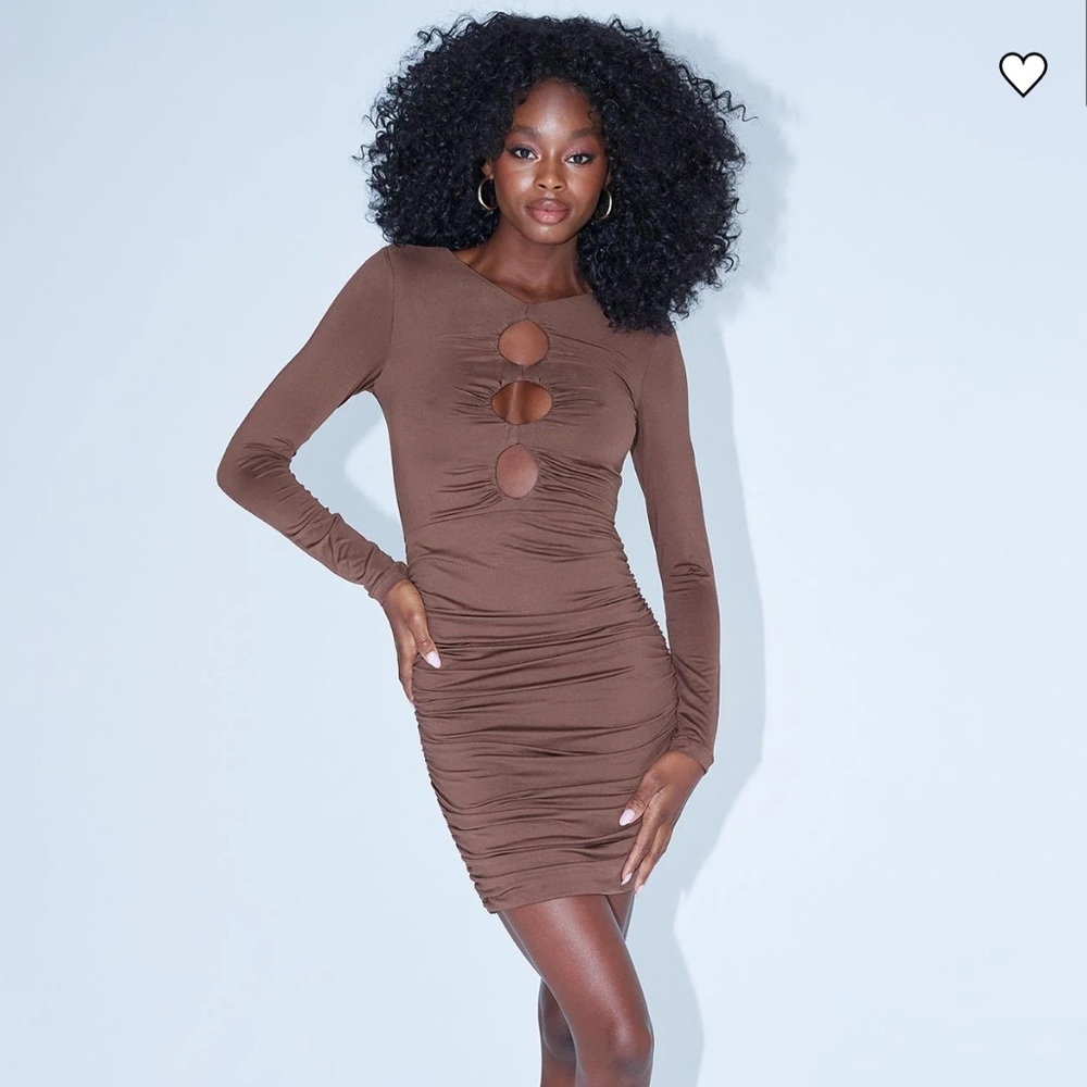 Brown Long Sleeve Ruched Dress